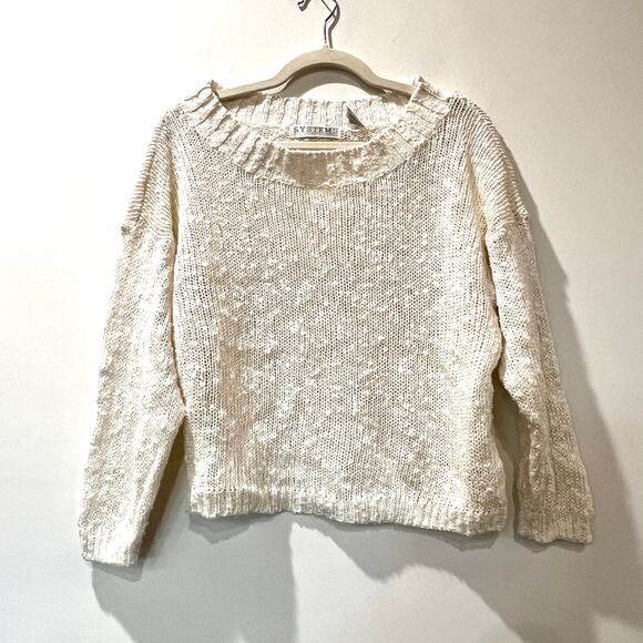 Vtg White Cotton Ramie Blend Drop Shoulder Sweater Boatneck Large Cottagecore - Picture 1 of 8